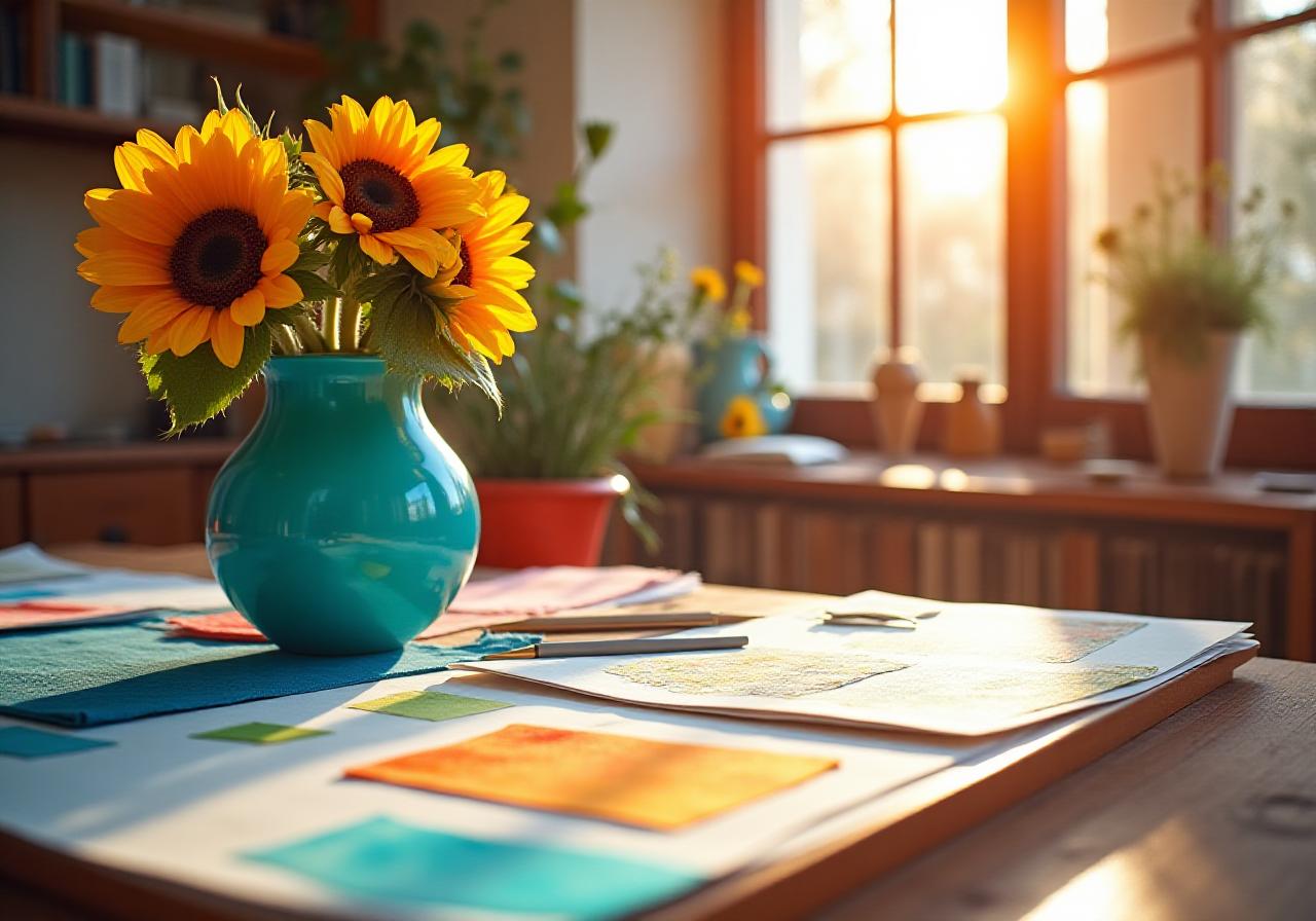 Un colorato studio di design a Roma pieno di campioni di tessuto e luce naturale